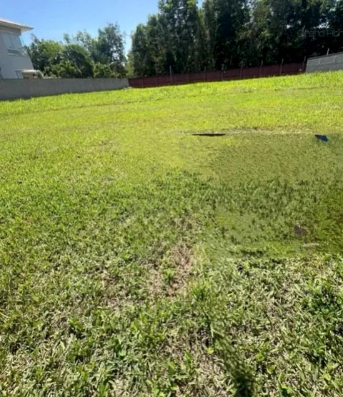 O lote gramado, com muro e árvores ao fundo