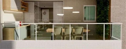 Perspectiva da varanda com bancada e mesa de jantar